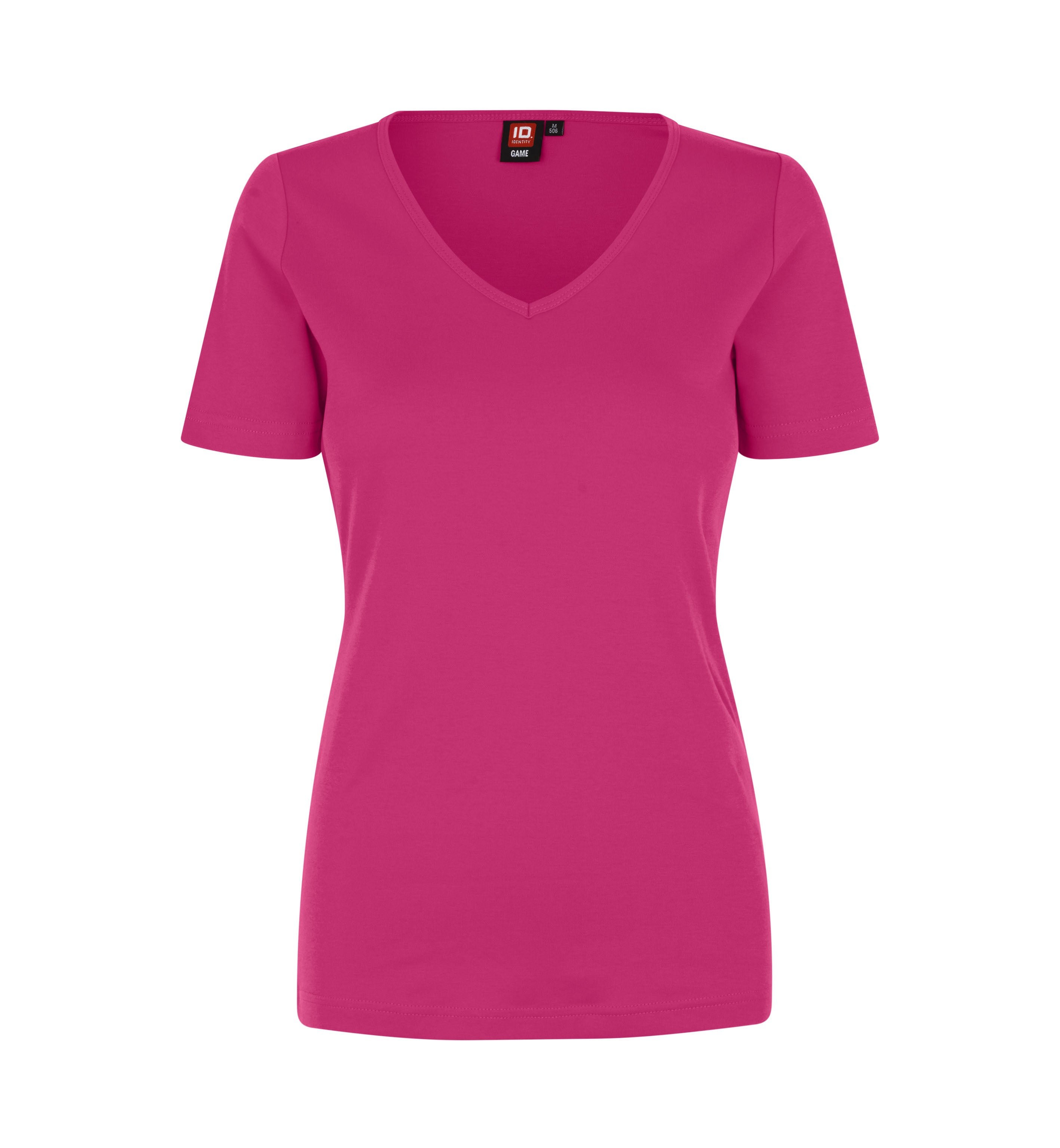 ID 0506 Interlock T-shirt | v-hals | dame nærbillede med tryk