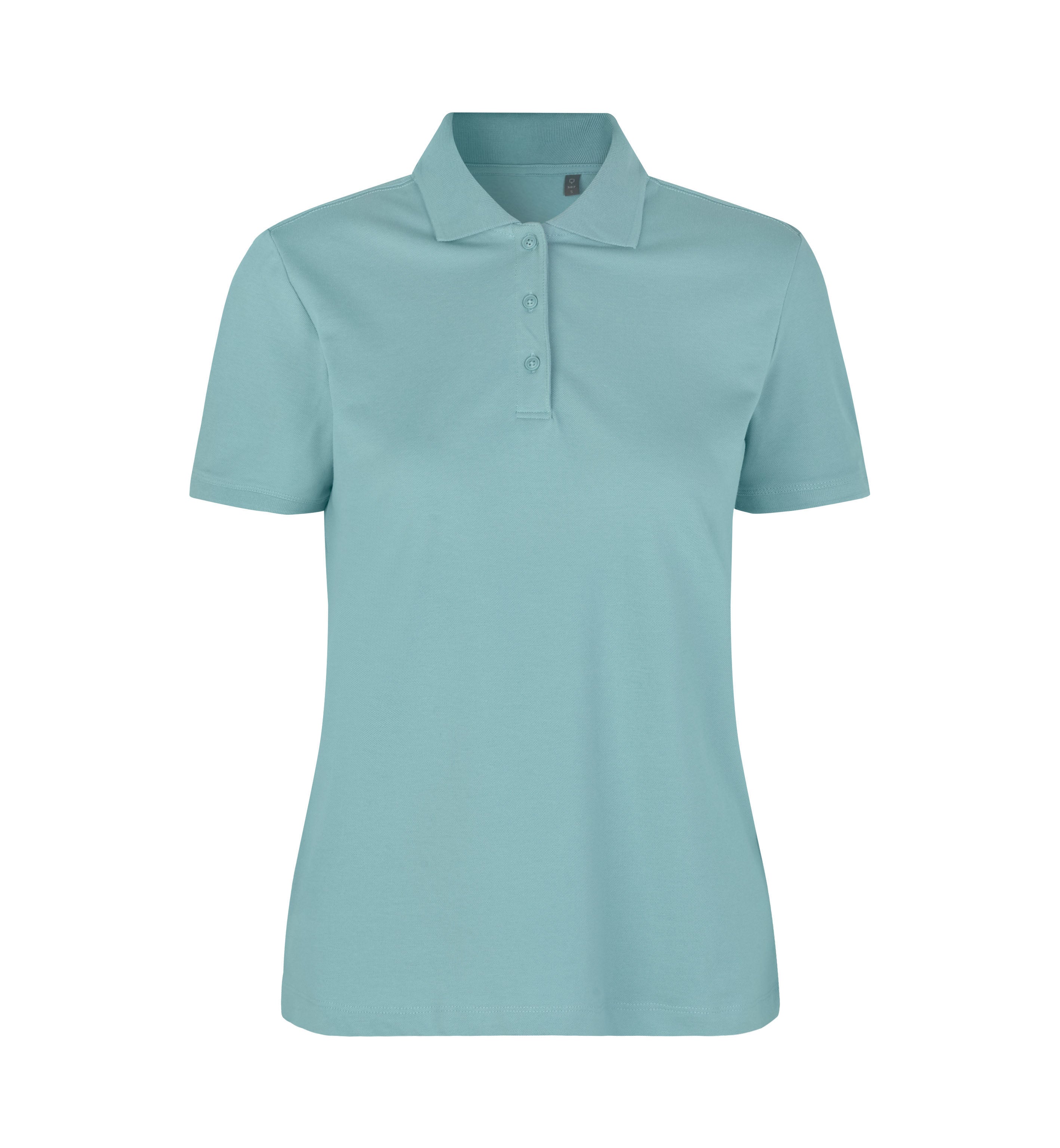 ID 0587 Poloshirt | økologisk | dame nærbillede med firmalogo