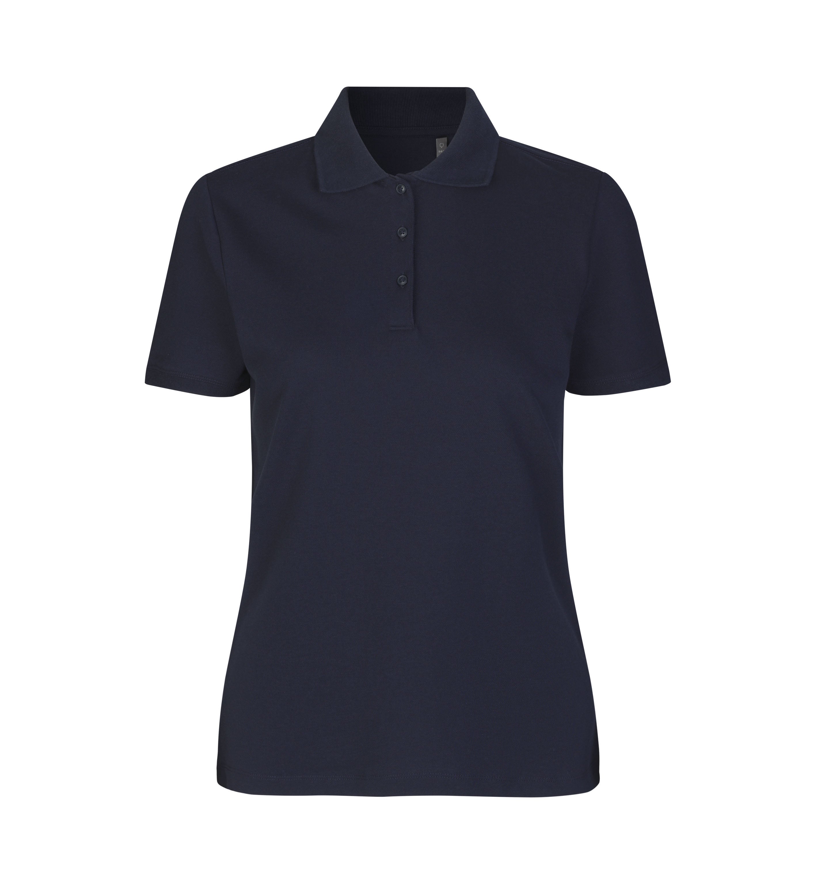 ID 0587 Poloshirt | økologisk | dame nærbillede med firmalogo