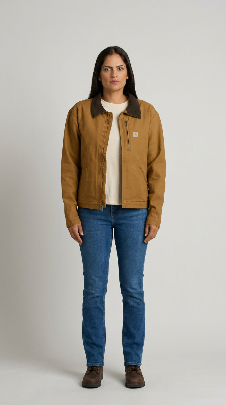 Kvinde i en brun Carhartt-jakke, hvid t-shirt og blå jeans stående mod en ensfarvet baggrund.