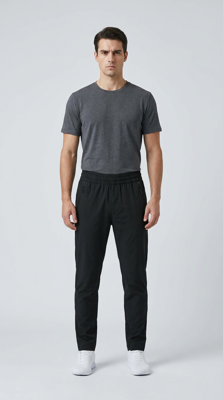 Mand iført mørkegrå t-shirt, sorte bukser og hvide sneakers mod en lys baggrund.