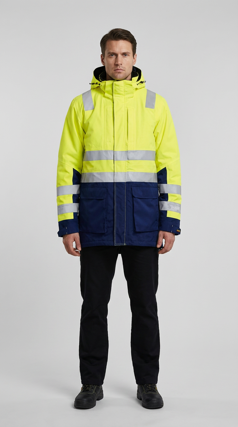 Mand i gul og navyblå high-visibility jakke med reflekser, sorte bukser og støvler på grå baggrund.
