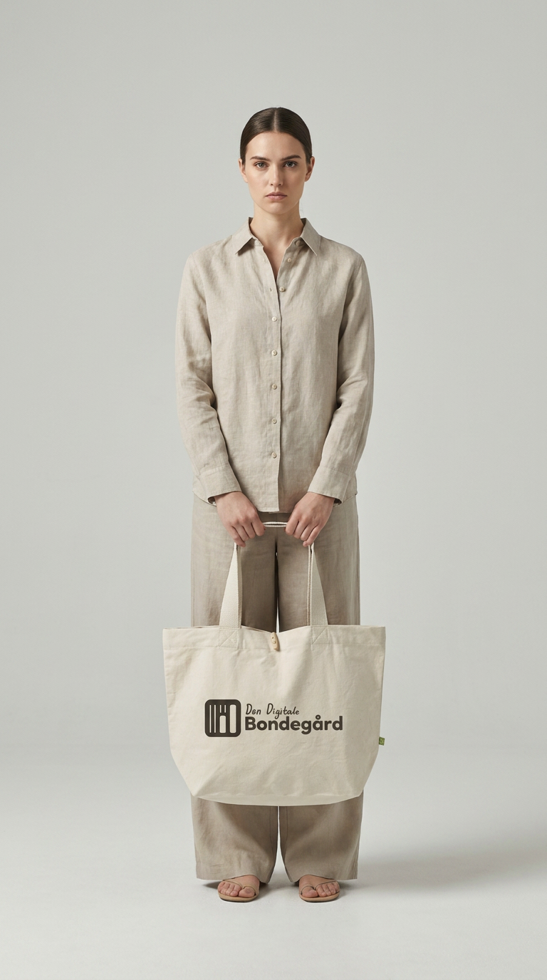 Kvinde i beige hør-tøj holder en mulepose med logoet "Den Digitale Bondegård".