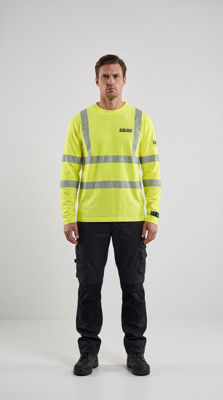 Mand i neongul langærmet trøje med reflekser og sorte arbejdsbukser på hvid baggrund.
