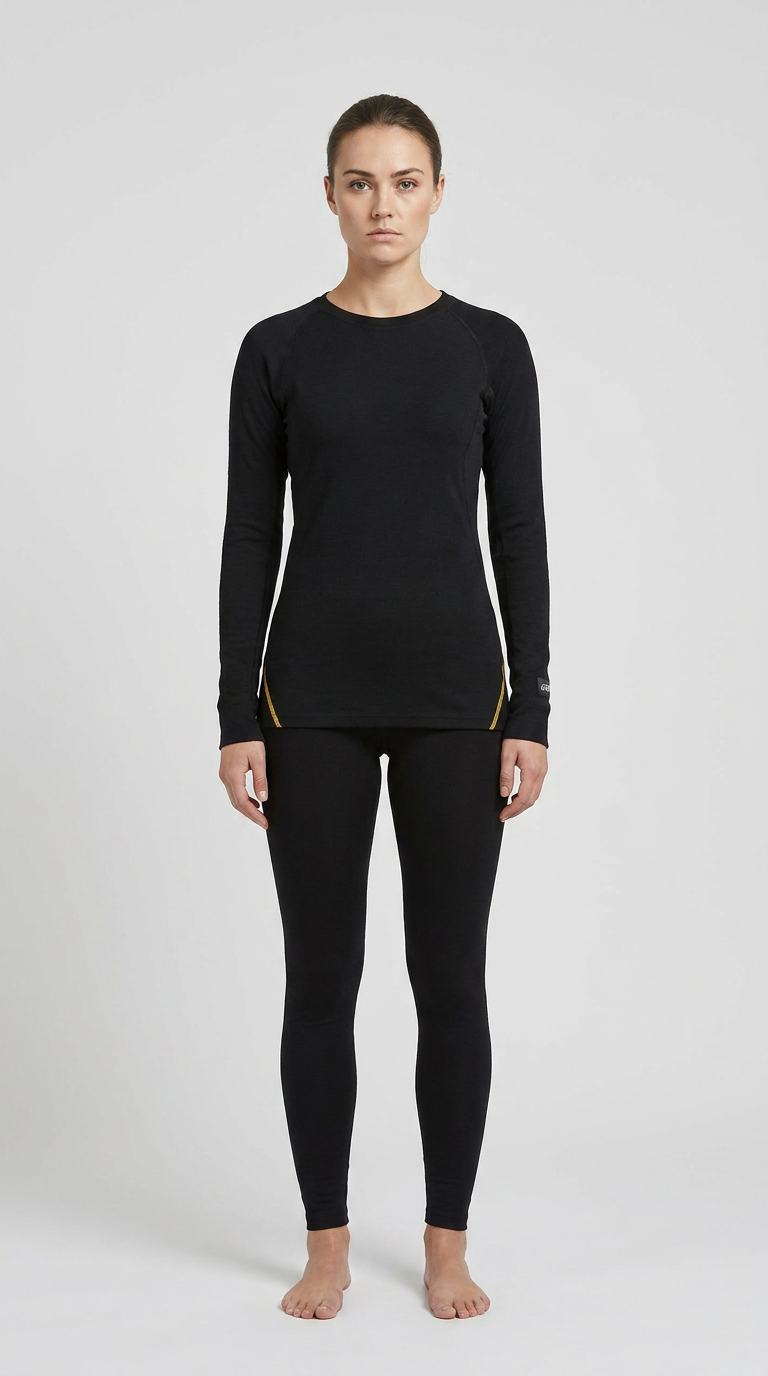 Kvinde iført sort langærmet termoundertøj og leggings mod en lys baggrund.