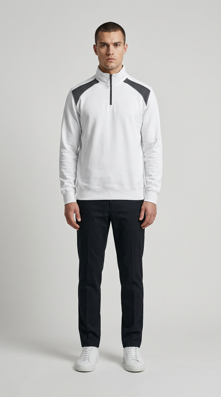 Mand i hvid sweatshirt med lynlås i halsen, grå skulderpaneler, mørke bukser og hvide sneakers.