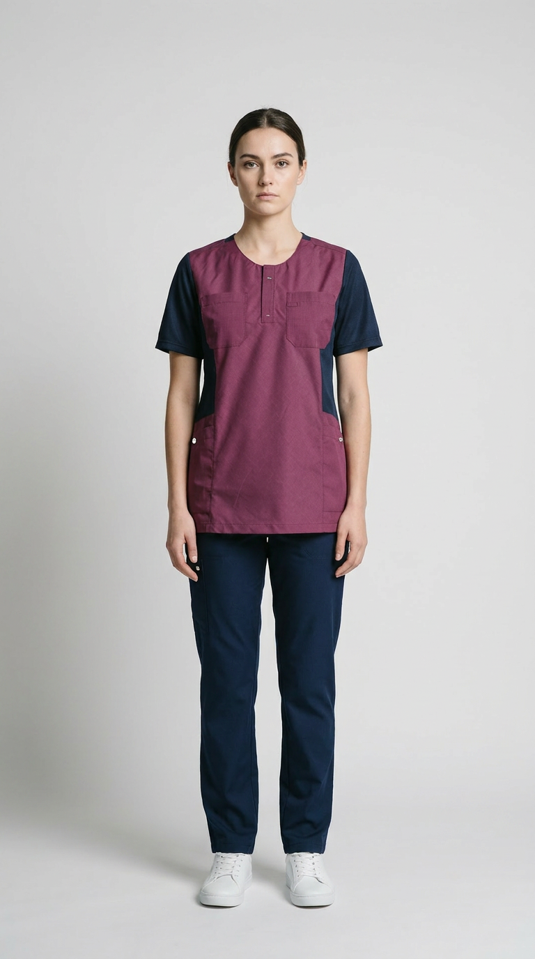 Kvinde i bordeaux og mørkeblå sygeplejeuniform med hvide sneakers mod en neutral baggrund.