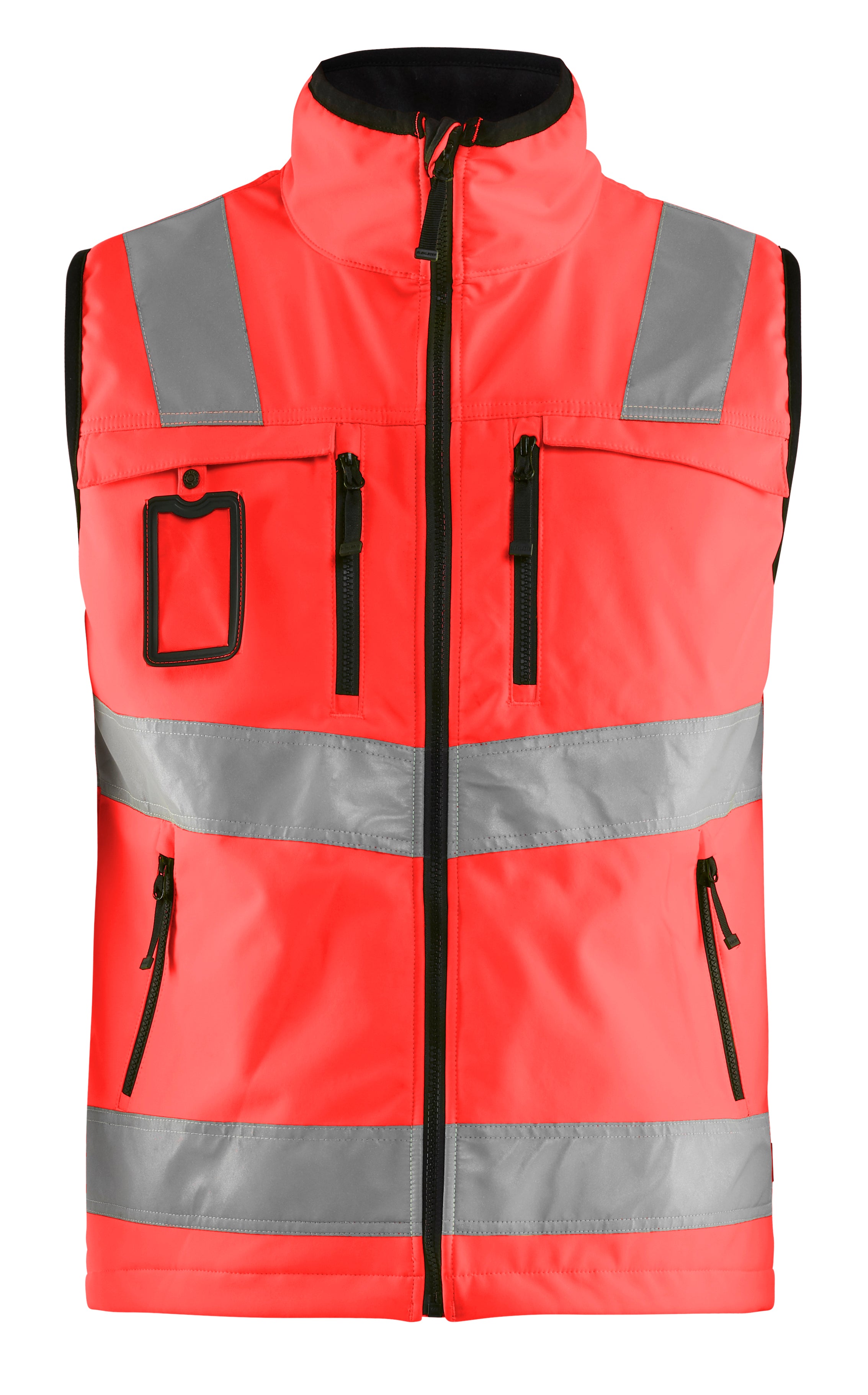 Blåkläder 3049 High Vis Softshell Vest detalje med firmalogo