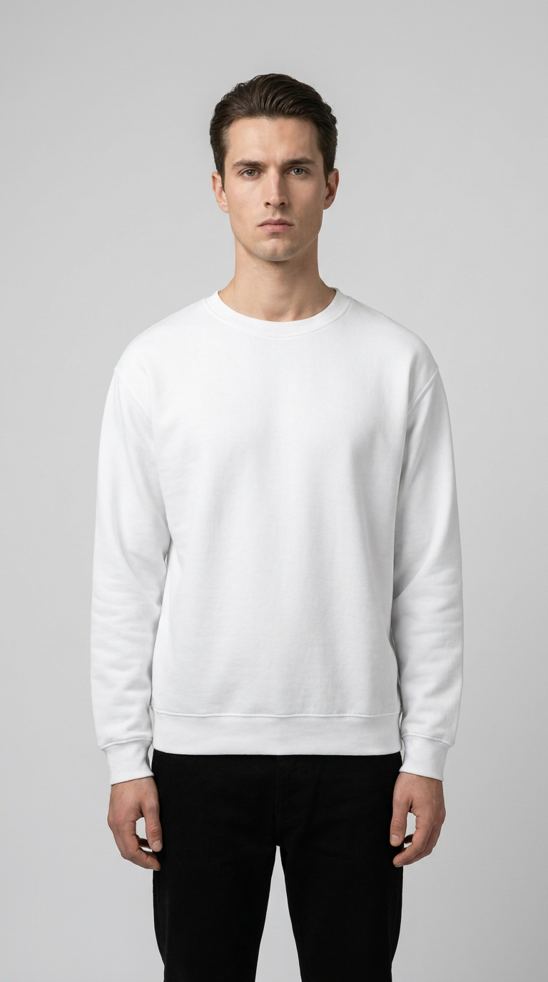 Mand iført en hvid sweatshirt og sorte bukser foran en grå baggrund.