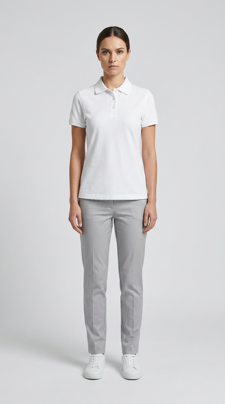 Kvinde iført en hvid polo shirt og grå bukser mod en neutral baggrund.