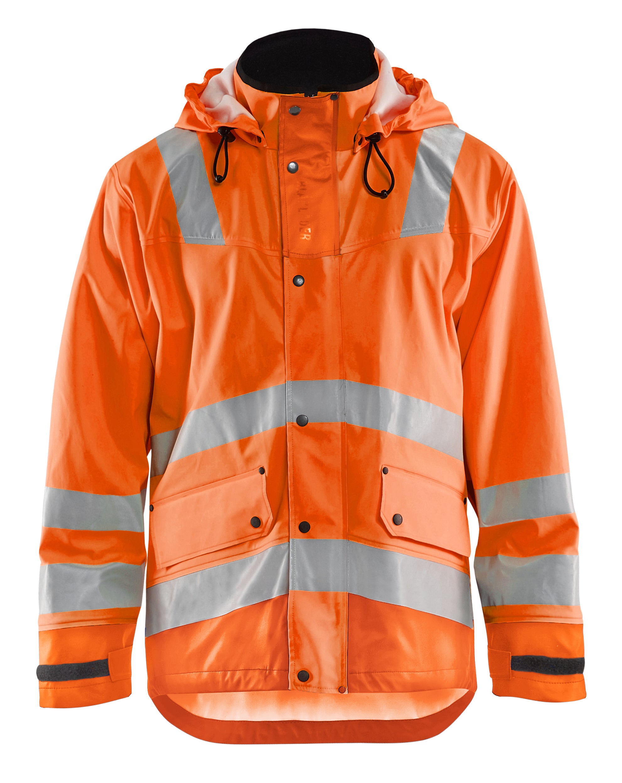 Blåkläder 4327 High Vis Regnjakke Level 3 detalje med firmalogo
