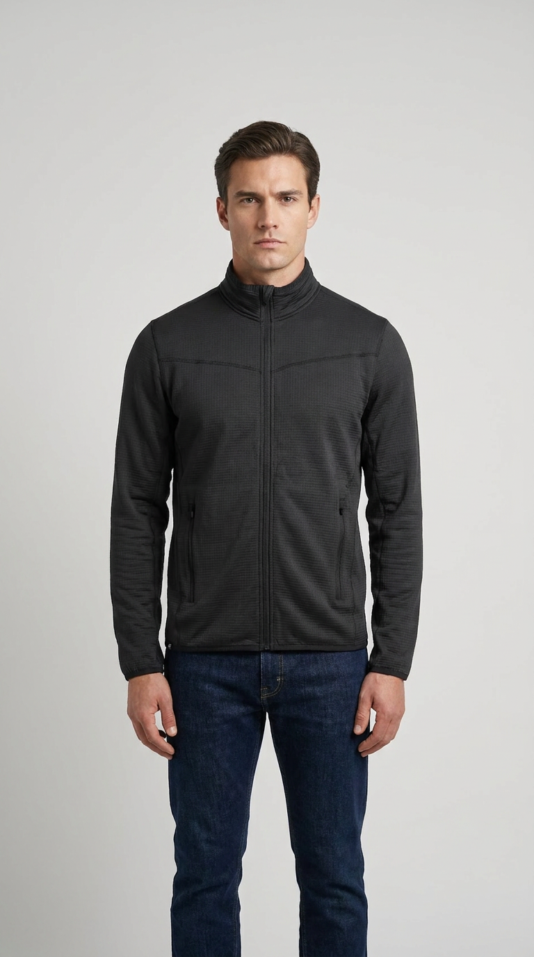 Mand i en sort tekstureret fleecejakke og blå jeans mod en grå baggrund.