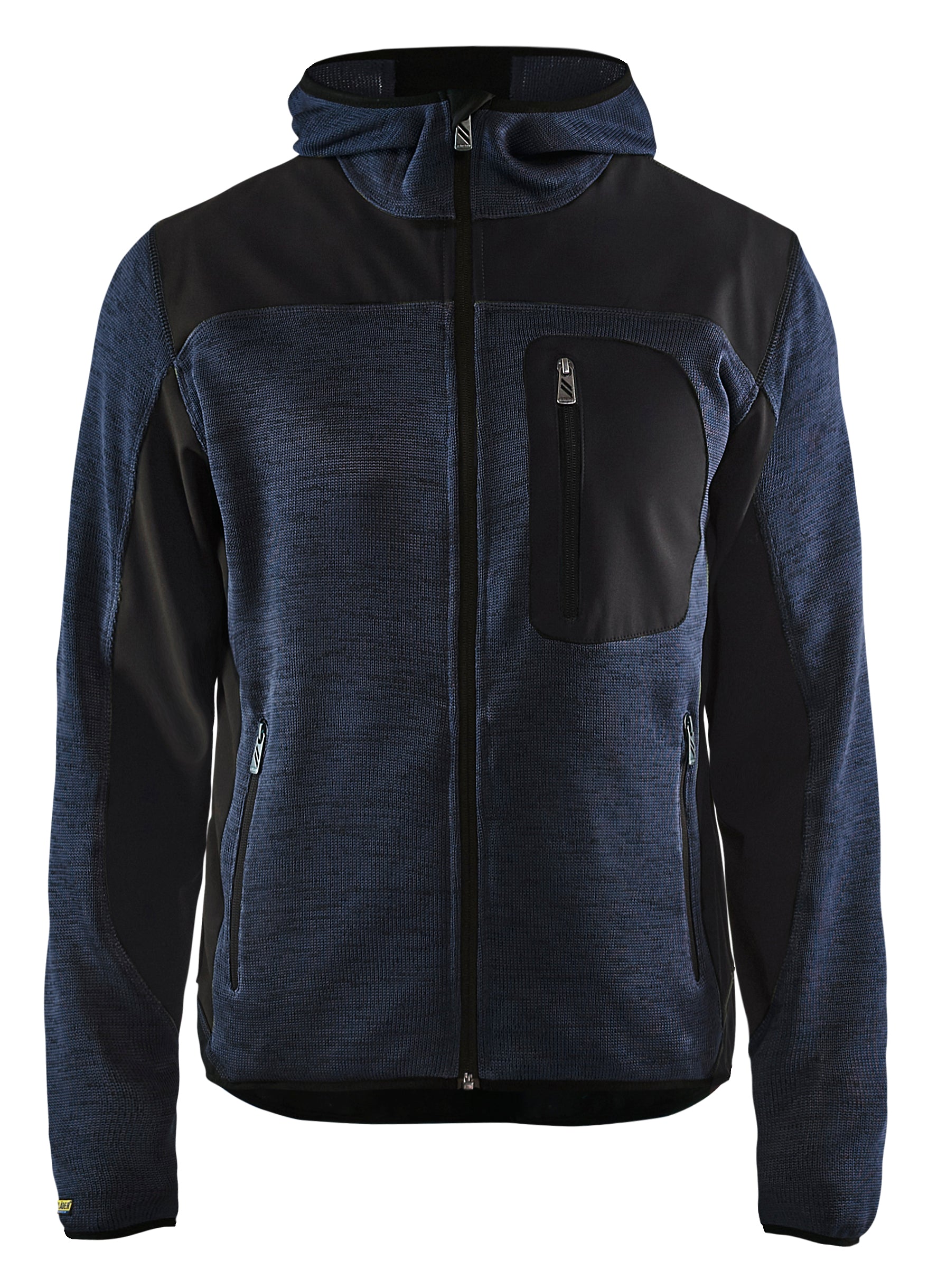 Blåkläder 4930 Strikket jakke med softshell nærbillede med firmalogo