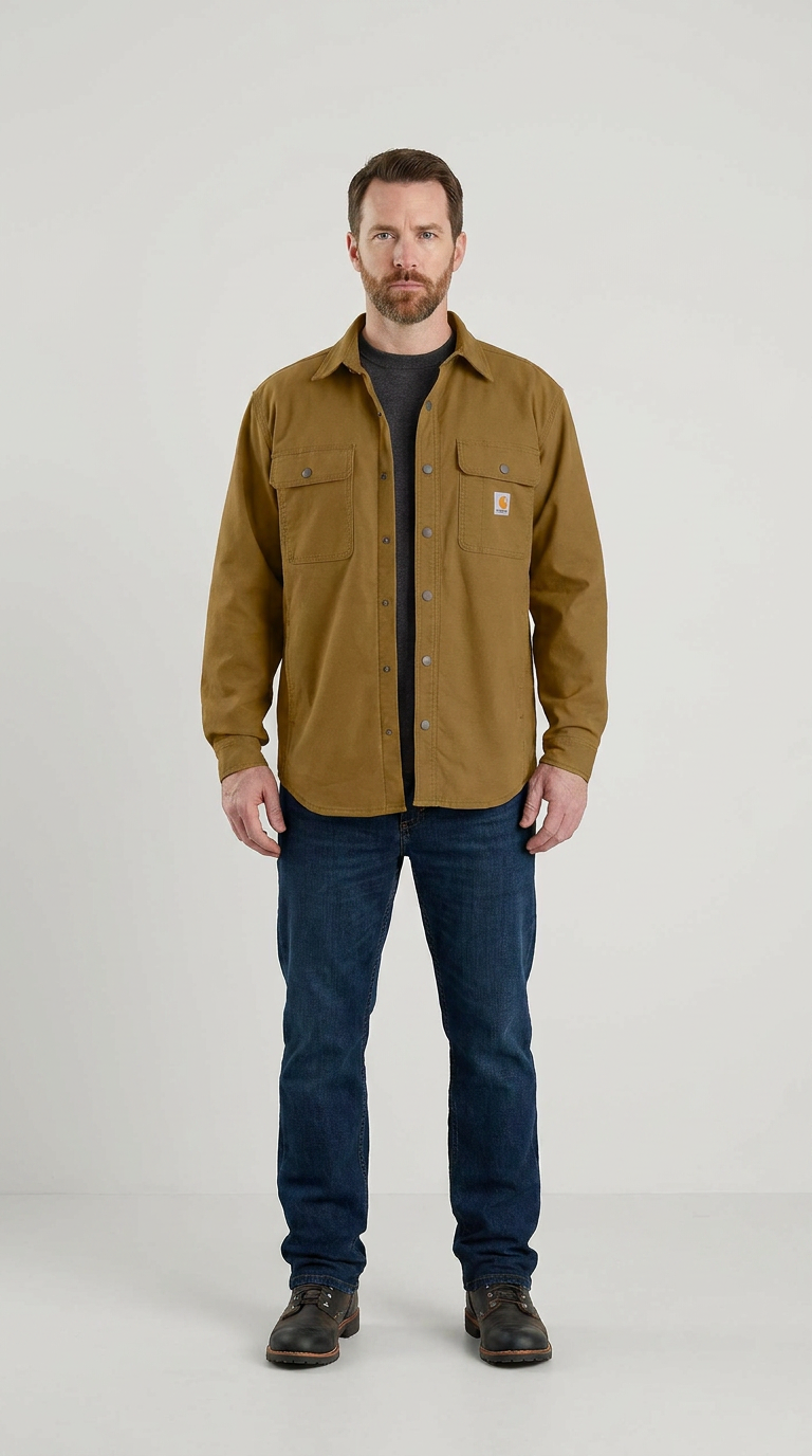 Mand iført en brun Carhartt-skjortejakke, mørkeblå jeans og brune støvler mod en hvid baggrund.