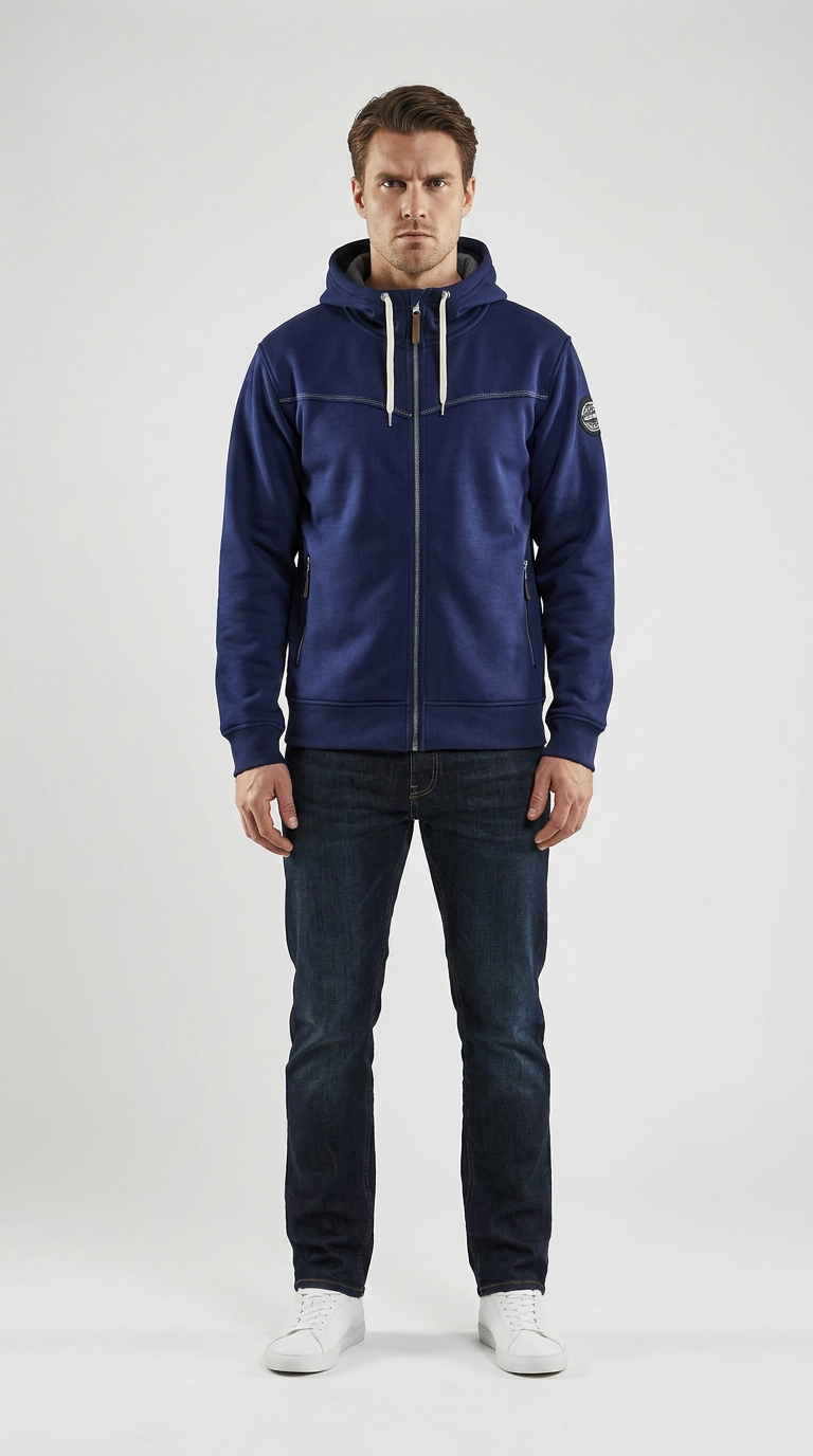 Mand i blå hættetrøje med lynlås, mørkeblå jeans og hvide sneakers mod en hvid baggrund.