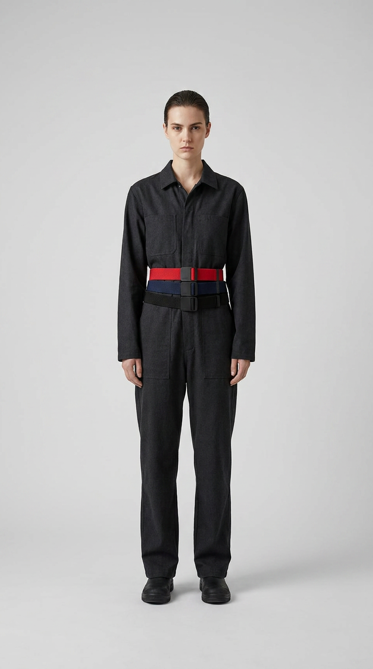 Model i mørkegrå jumpsuit med tre bælter i rød, blå og sort mod en neutral grå baggrund.