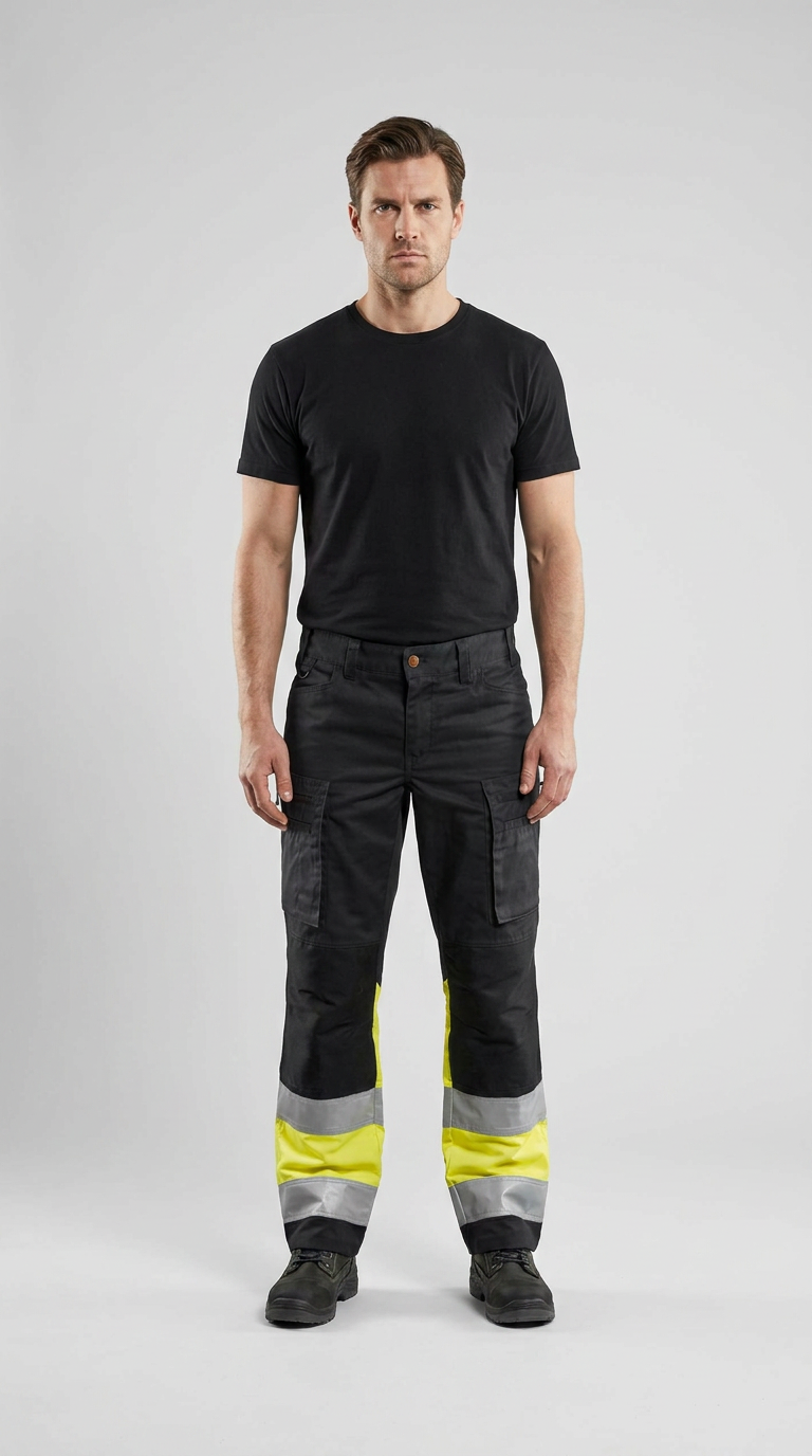 Mand i sort t-shirt og sorte arbejdsbukser med gule high-vis detaljer og refleksbånd på en grå baggrund.