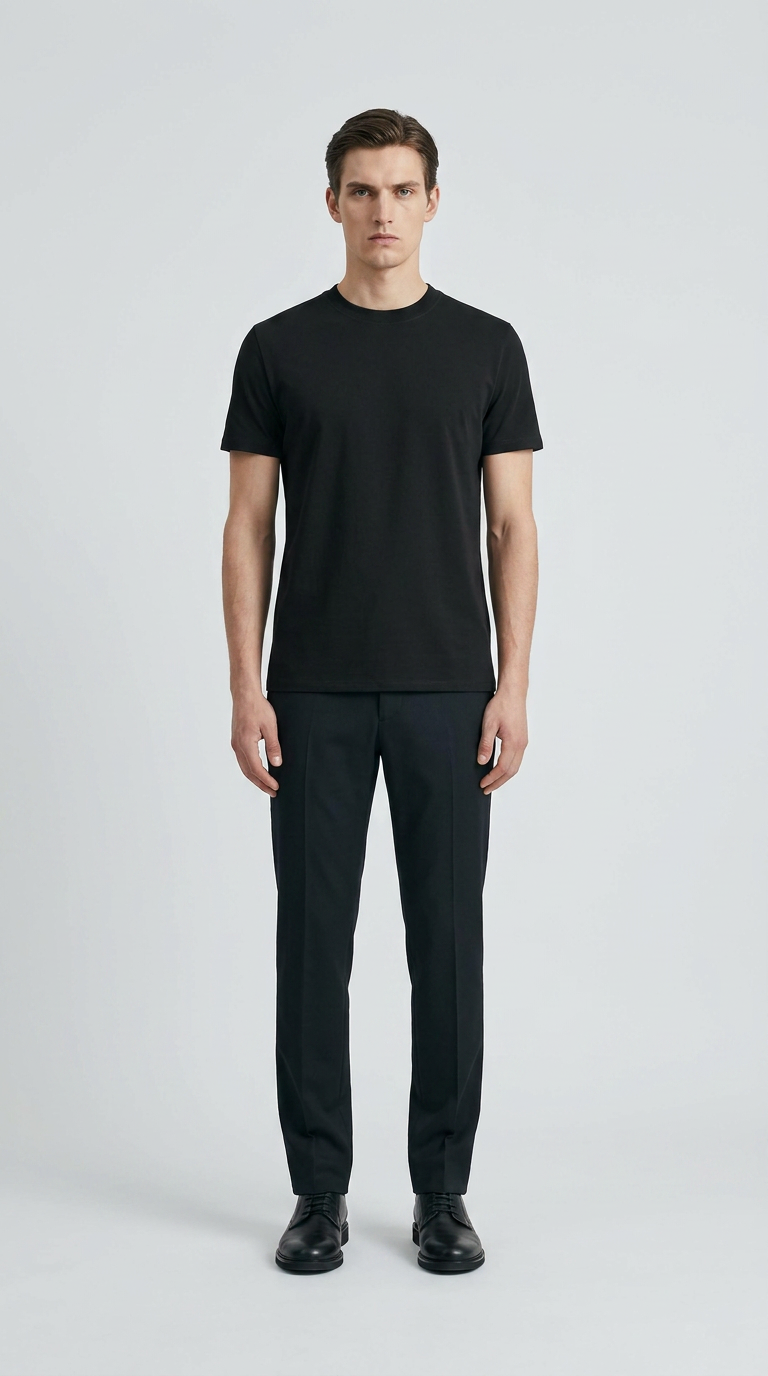 Mand iført sort t-shirt og sorte bukser mod en lys baggrund.
