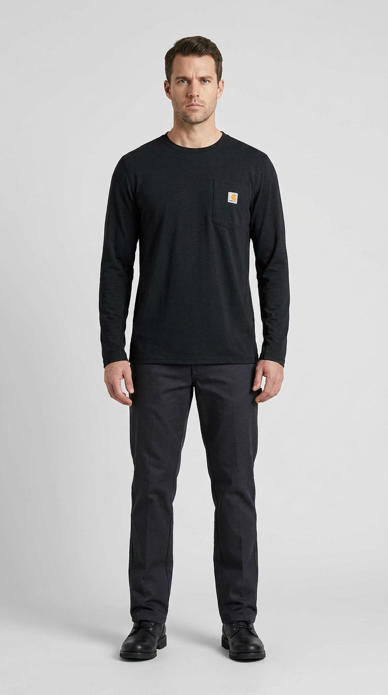 En mand i en sort langærmet Carhartt-t-shirt og mørke bukser stående mod en grå baggrund.