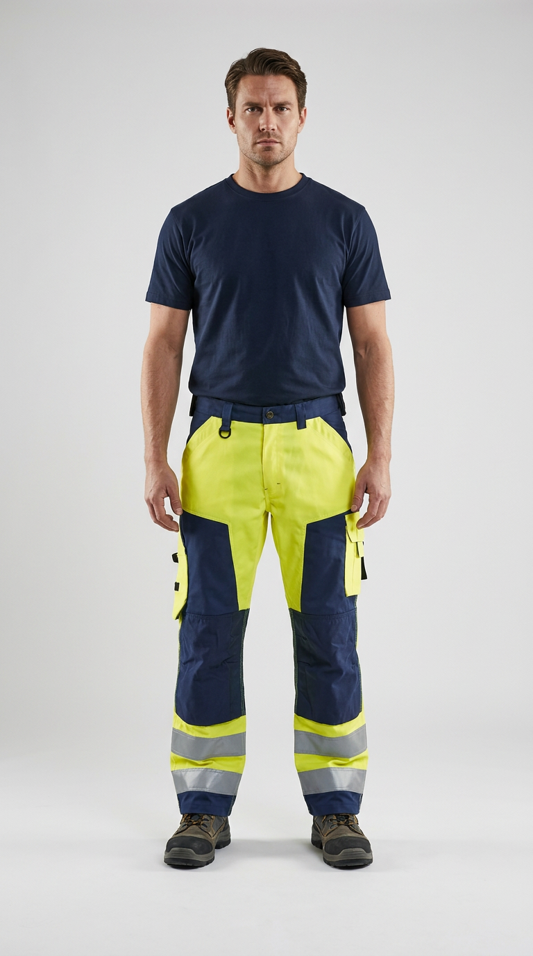 Mand i mørkeblå t-shirt og neon-gule arbejdsbukser med refleksstriber på en grå baggrund.