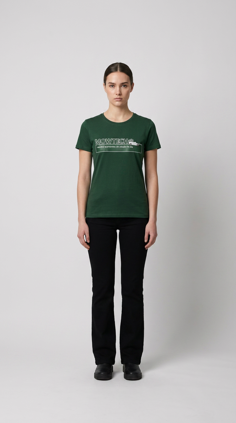 Kvinde iført en grøn Mowtech t-shirt og sorte bukser mod en lys grå baggrund.