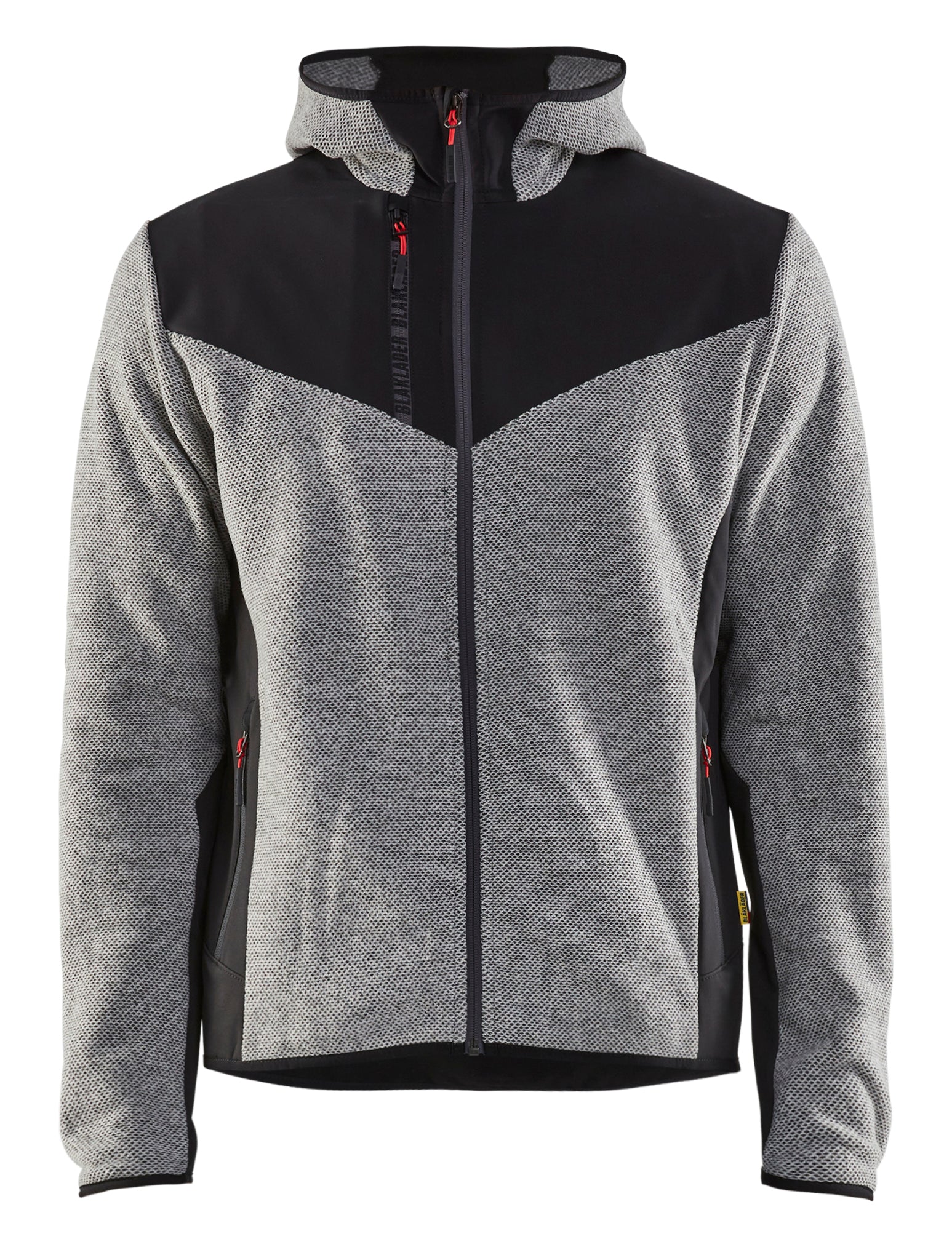 Blåkläder 5940 Strikket Jakke med Softshell nærbillede med firmalogo