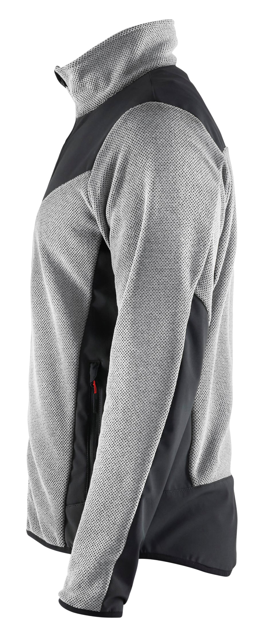 Blåkläder 5942 Strikket Jakke med Softshell nærbillede med tryk
