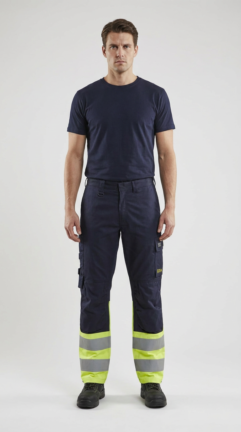 Mand i mørkeblå t-shirt og arbejdsbukser med neongule reflekser nederst på benene.