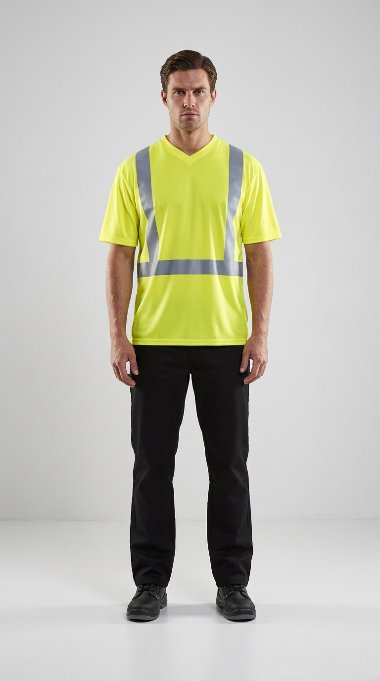 Mand i gul high-visibility t-shirt med refleksstriber og sorte arbejdsbukser mod en hvid baggrund.