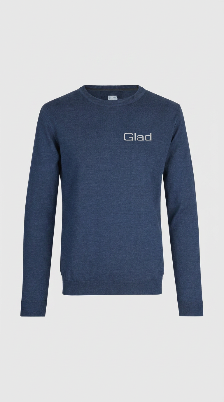 Mørkeblå langærmet trøje med rund hals og hvid 'Glad' tekst på brystet.