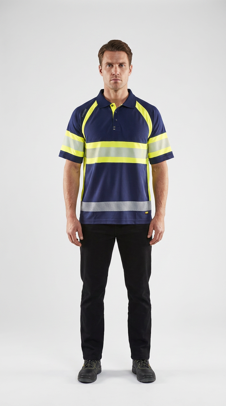 Mand i marineblå og neongul poloshirt med refleksstriber og sorte bukser på en hvid baggrund.