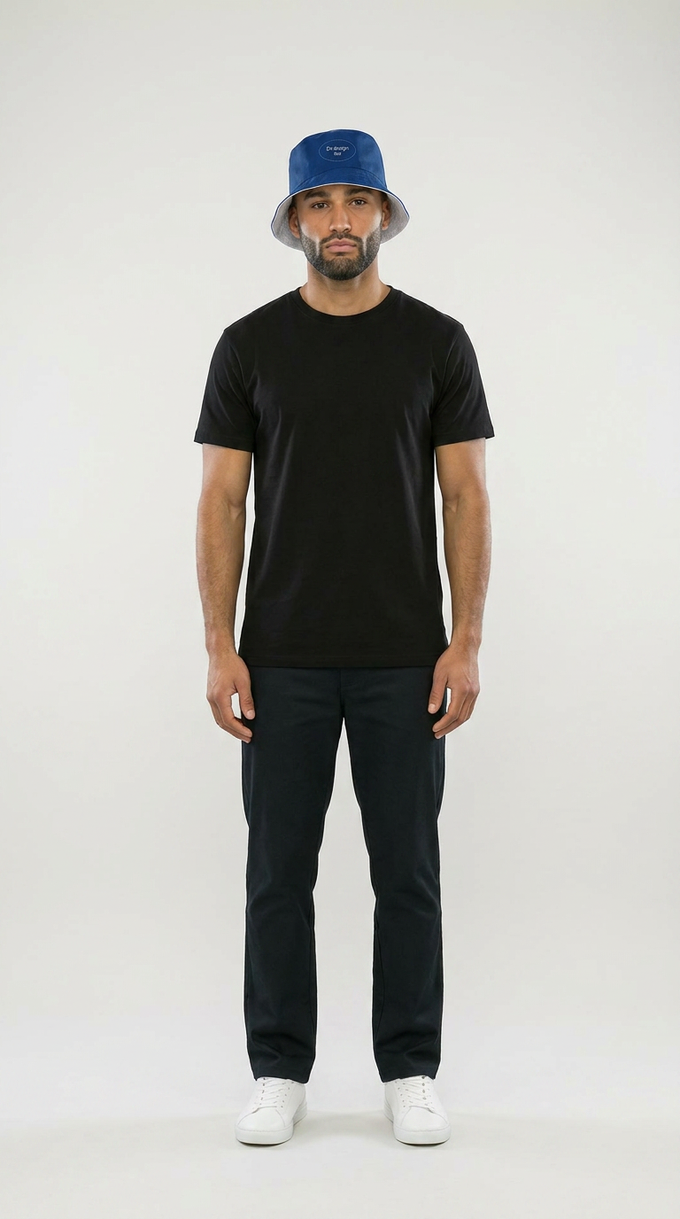 En mand i sort t-shirt, mørke bukser, hvide sneakers og en blå bøllehat mod en hvid baggrund.