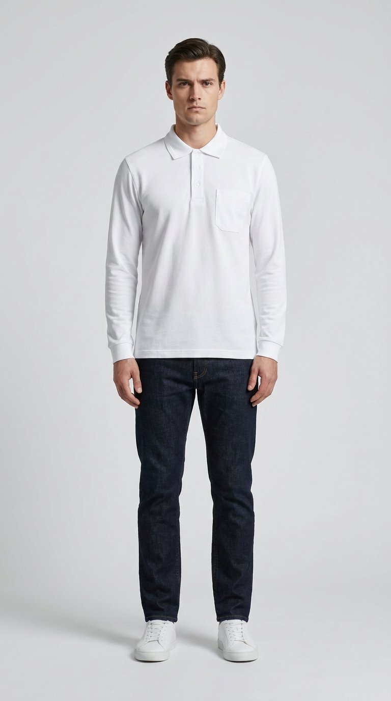 Mand i hvid langærmet polo, mørkeblå jeans og hvide sneakers mod en grå baggrund.