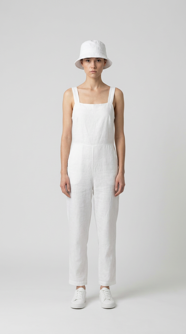 Kvinde iført hvid hør-jumpsuit, bøllehat og hvide sneakers foran en grå baggrund.