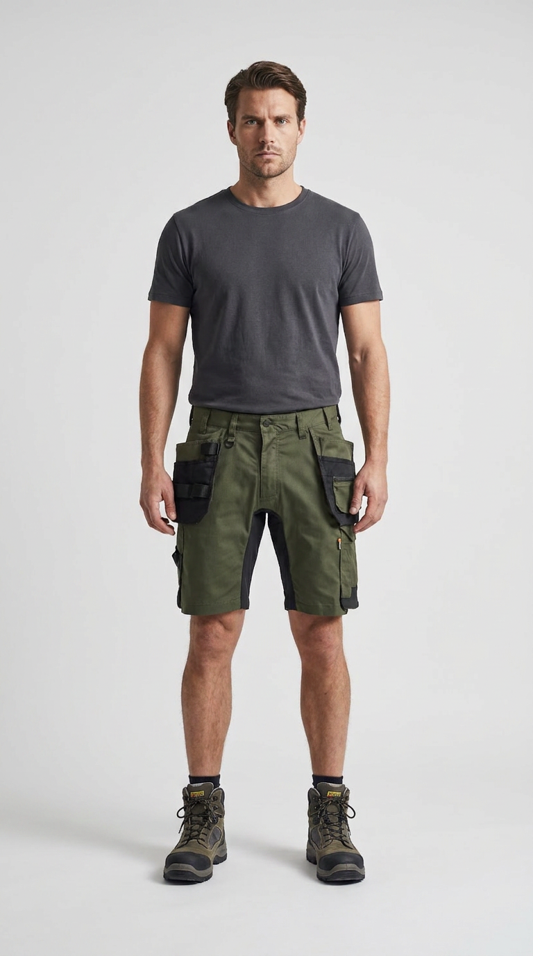 Mand i grå t-shirt og olivengrønne arbejdsshorts med lommer og støvler mod en lys baggrund.