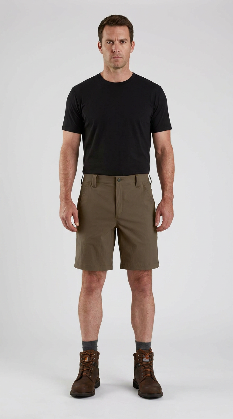 Mand i sort t-shirt, olivengrønne shorts og brune arbejdsstøvler mod en hvid baggrund.