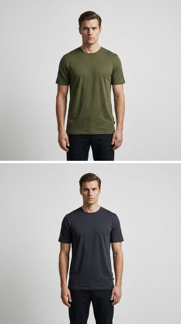 Mand iført henholdsvis en olivengrøn og en mørkegrå t-shirt mod en lys baggrund.