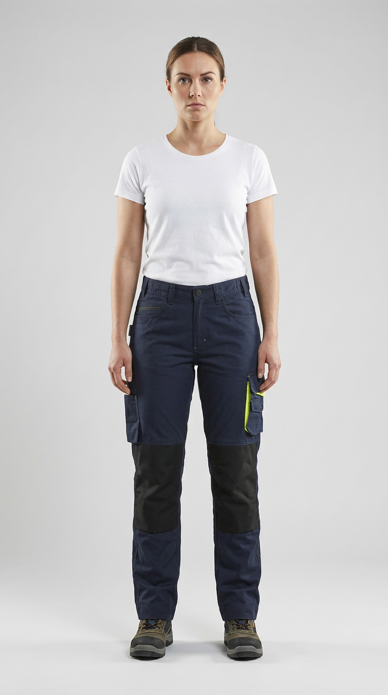 Kvinde iført hvid t-shirt og marineblå arbejdsbukser med sorte knæforstærkninger og neongule detaljer.