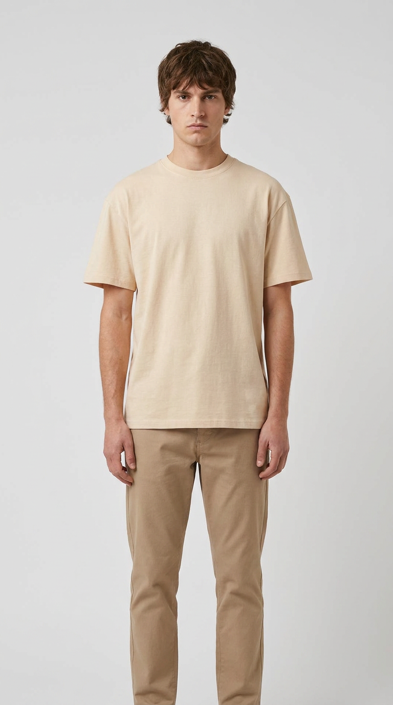 Mand iført en beige t-shirt og khaki bukser mod en grå baggrund.