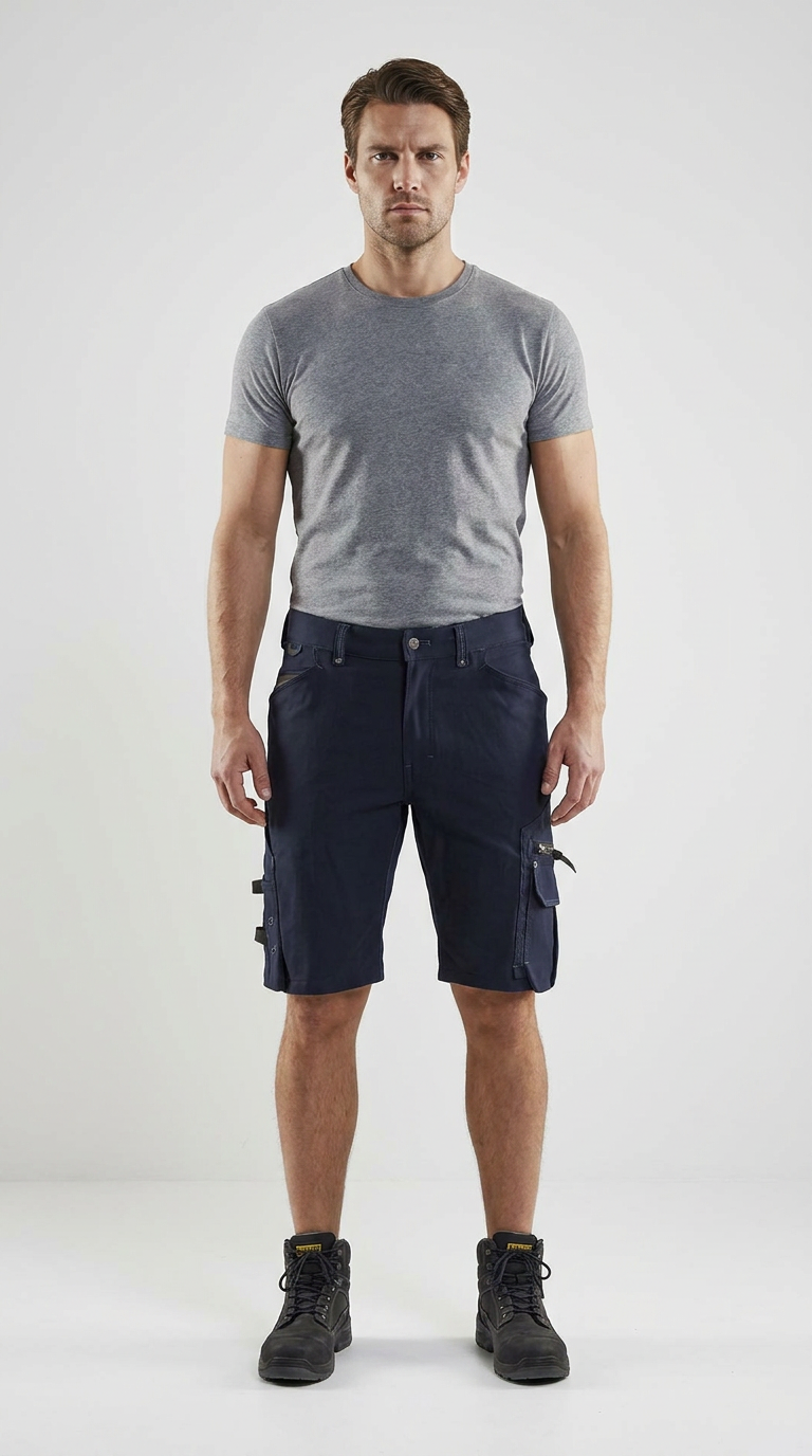 Mand i grå t-shirt, mørkeblå arbejdsshorts og sorte arbejdsstøvler på hvid baggrund.