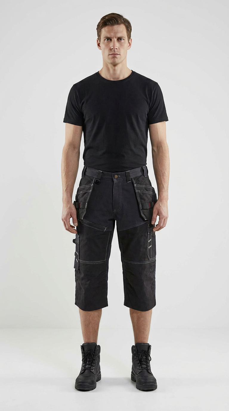 Mand i sort t-shirt, sorte arbejdspiratbukser med lommer og sorte støvler mod en lys baggrund.