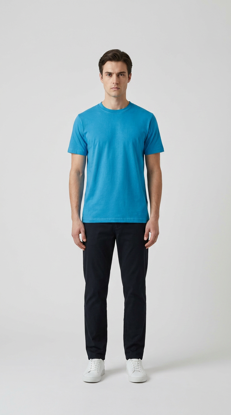 Mand iført en klar blå t-shirt, mørke bukser og hvide sneakers på en neutral baggrund.