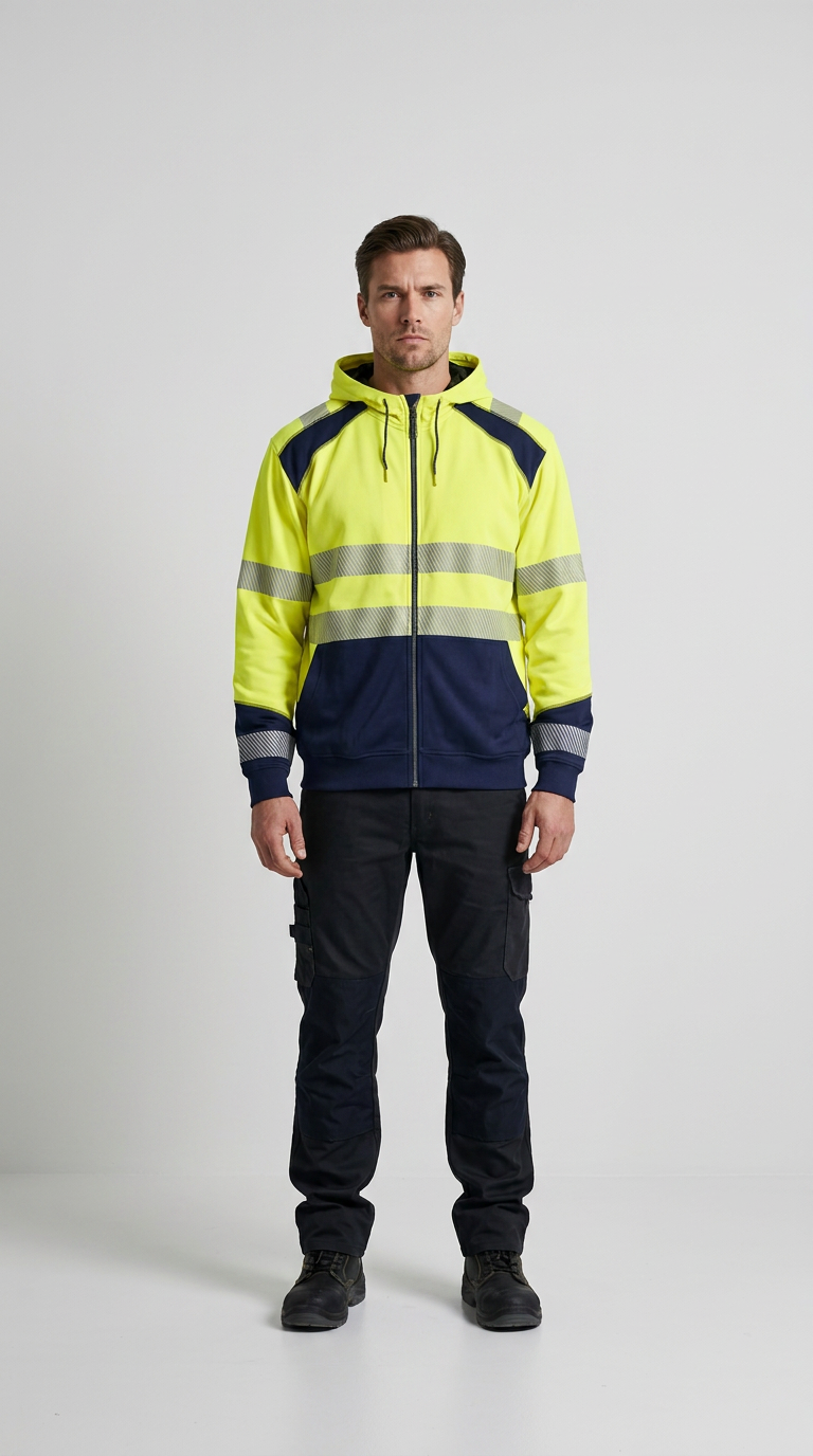 Mand i gul og blå high-vis hættetrøje med refleksstriber og mørke arbejdsbukser på hvid baggrund.