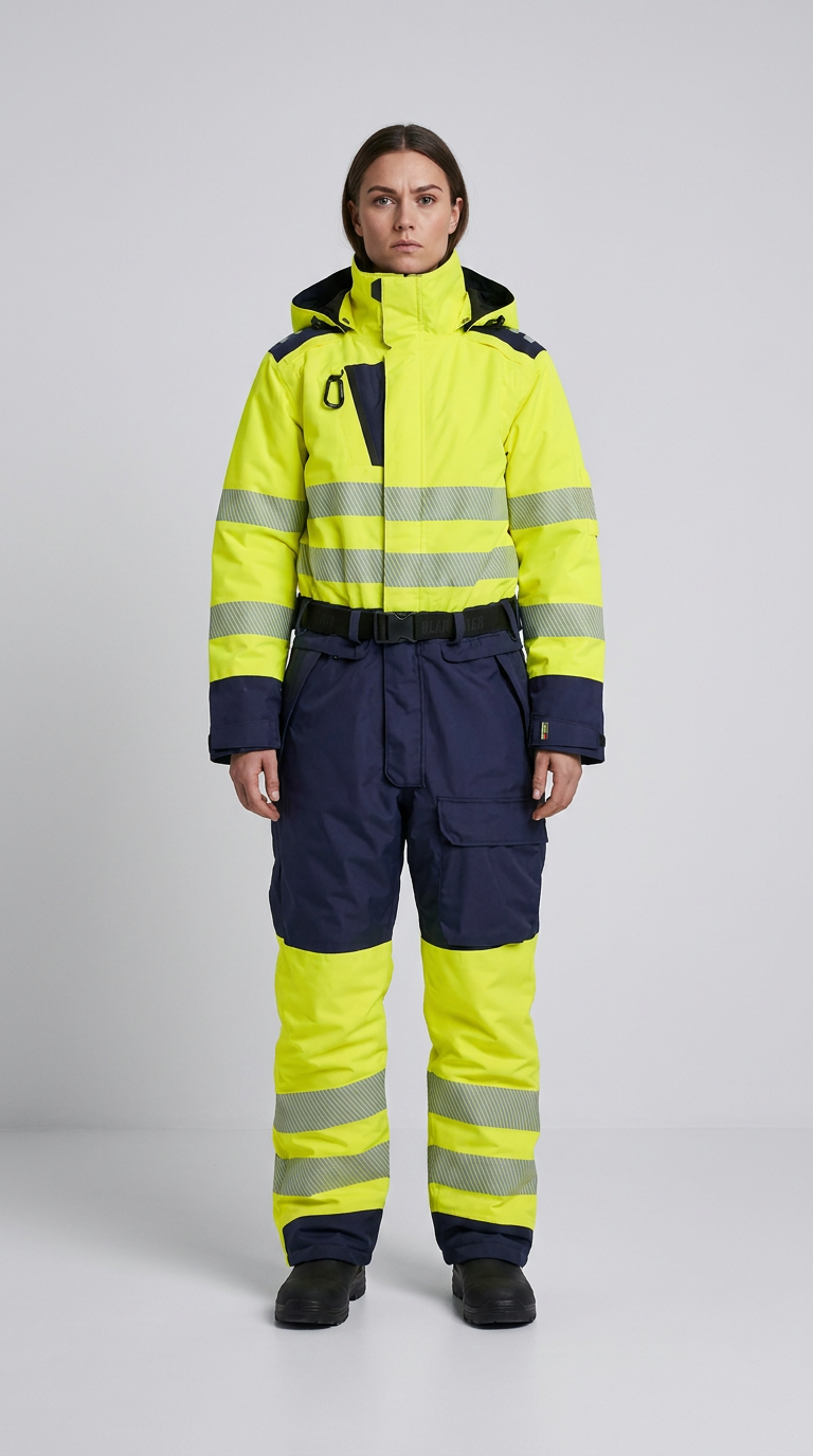 Kvinde i gul og marineblå high-vis vinterkedeldragt med refleksstriber foran en grå baggrund.