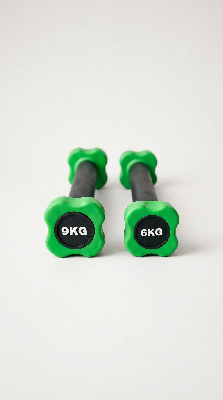 En 9 kg og en 6 kg håndvægt med grønne, kløverformede ender på en hvid baggrund.