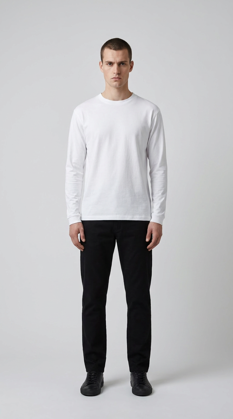 Mand i hvid langærmet t-shirt og sorte bukser mod en grå baggrund.