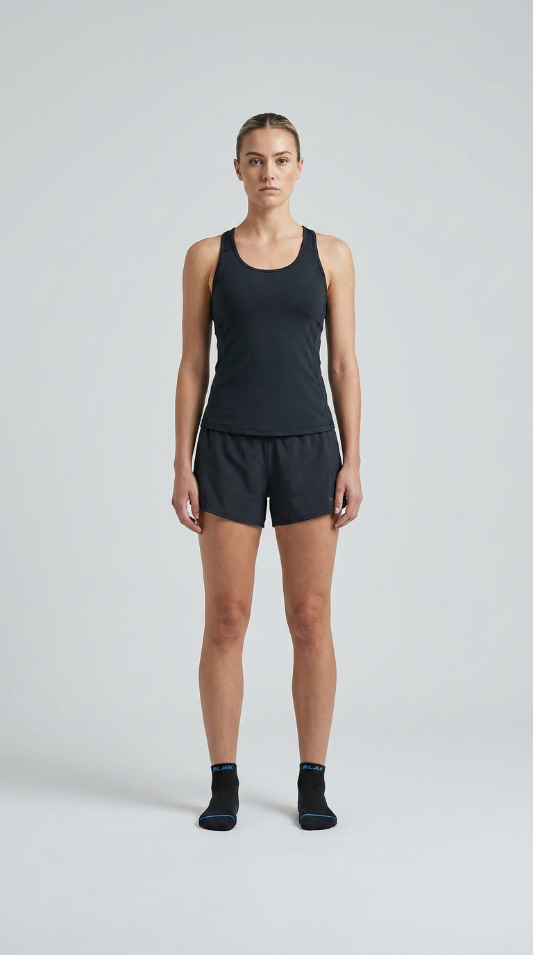Kvinde i sort tanktop og shorts stående mod en lys baggrund.