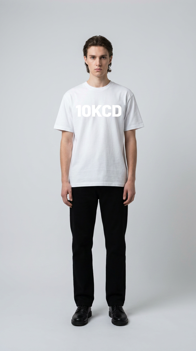 Ung mand i hvid t-shirt med '10KCD' tekst og sorte bukser mod en grå baggrund.