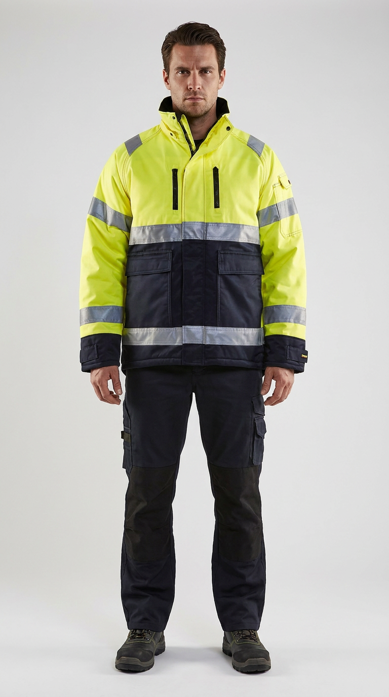 Mand i gul og mørkeblå high-visibility arbejdsjakke med reflekser og matchende bukser på en lys baggrund.