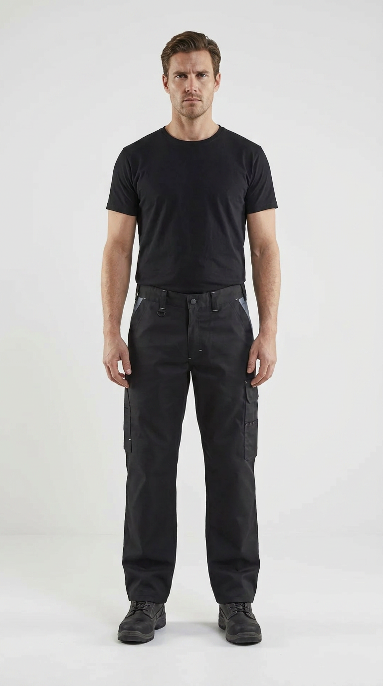 Mand iført sort t-shirt og sorte arbejdsbukser mod en lys baggrund.